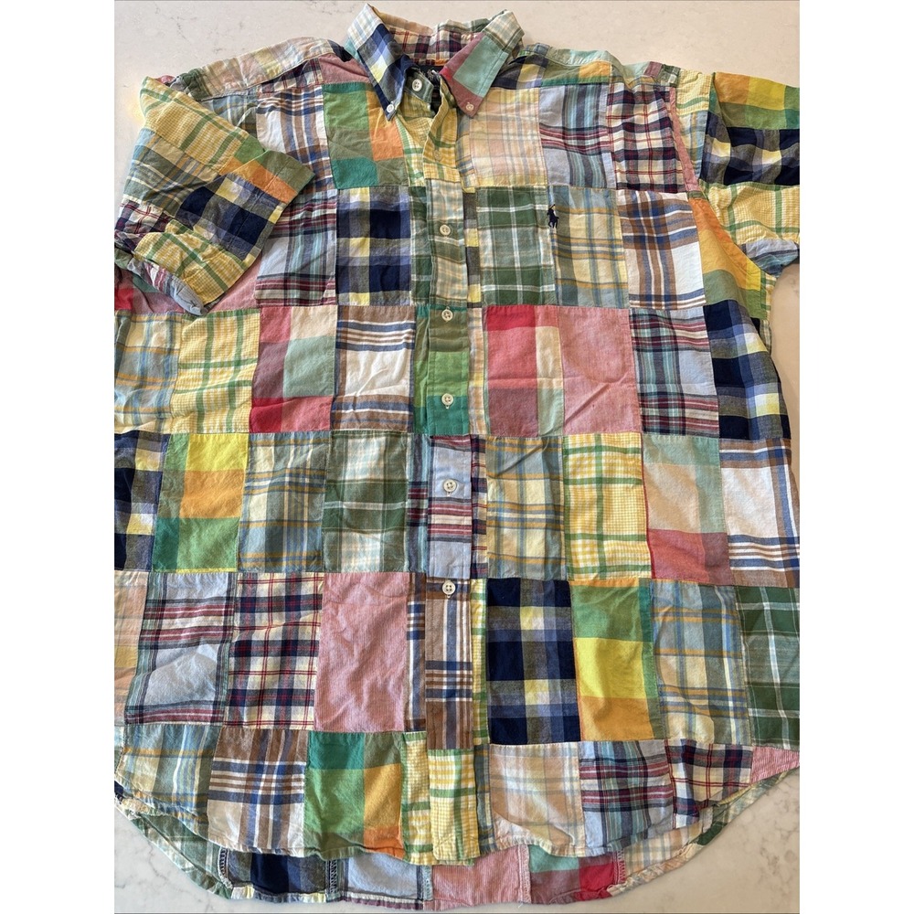 Vtg Ralph Lauren Blake Patchwork Mens L Madras Plaid Cotton Button Down Shirt